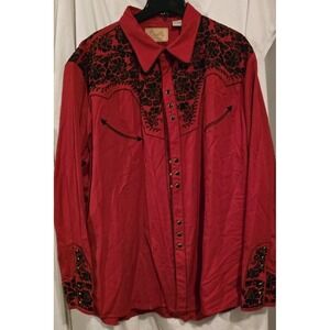 Scully Western Red‎ Snap Button Shirt Mens 2XL ,w/Black Embroidery Rodeo